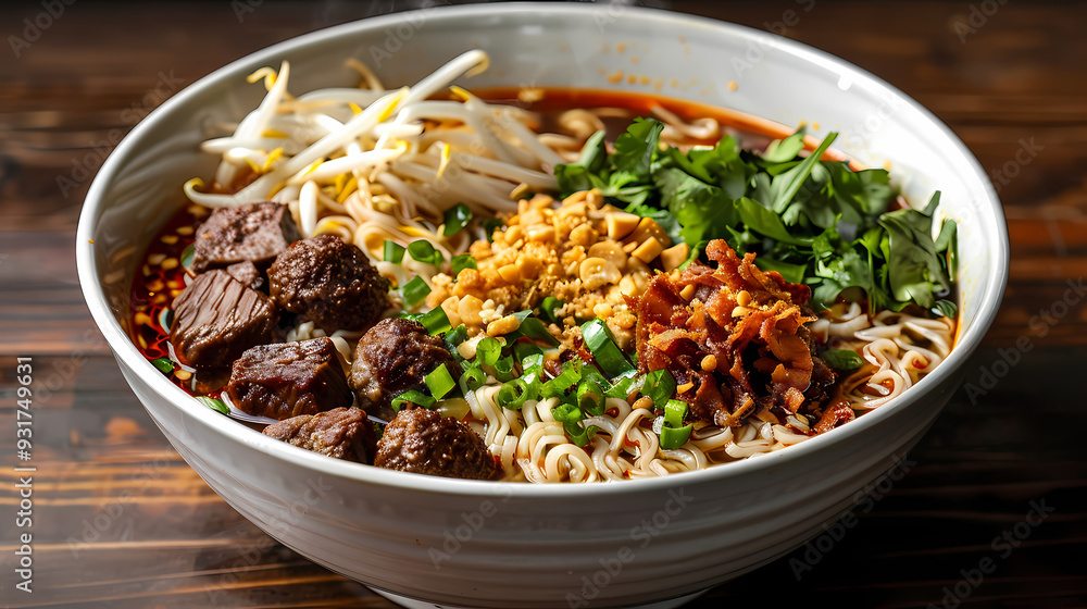A steaming bowl of boat noodles with rich, flavorful broth, tender beef slices, meatballs, fresh bean sprouts, and fragrant herbs, topped with crispy pork cracklings and a dash of chili flakes A steaming bowl of boat noodles with rich, flavorful broth, tender beef slices, meatballs, fresh bean sprouts, and fragrant herbs, topped with crispy pork cracklings and a dash of chili flakes