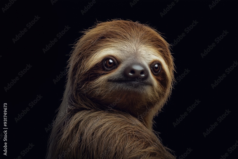 Fototapeta premium Photo of a sloth isolated against a black background, emphasising the sloth's majestic features. Wildlife and conservation concept, space for copy.