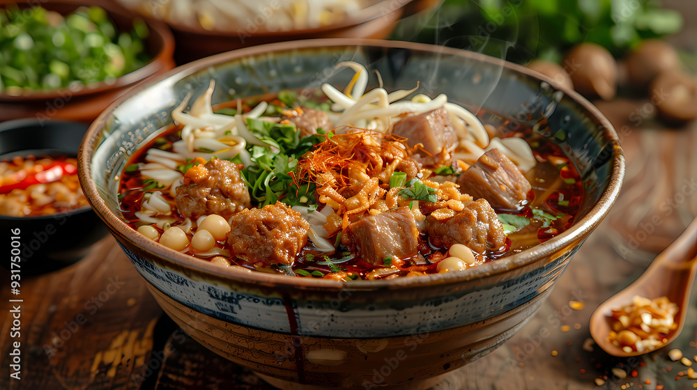 A steaming bowl of boat noodles with rich, flavorful broth, tender beef slices, meatballs, fresh bean sprouts, and fragrant herbs, topped with crispy pork cracklings and a dash of chili flakes A steaming bowl of boat noodles with rich, flavorful broth, tender beef slices, meatballs, fresh bean sprouts, and fragrant herbs, topped with crispy pork cracklings and a dash of chili flakes