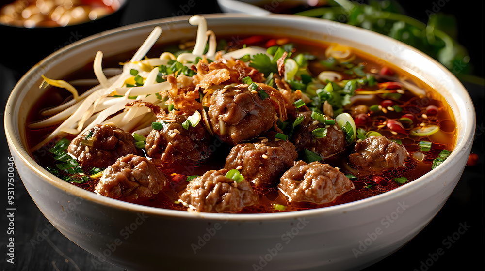 A steaming bowl of boat noodles with rich, flavorful broth, tender beef slices, meatballs, fresh bean sprouts, and fragrant herbs, topped with crispy pork cracklings and a dash of chili flakes A steaming bowl of boat noodles with rich, flavorful broth, tender beef slices, meatballs, fresh bean sprouts, and fragrant herbs, topped with crispy pork cracklings and a dash of chili flakes