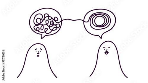 Two characters with speech bubbles, sad and cheerful. Psychotherapy and psychology theme concept. Problem solving, brainstorm, coaching, crisis recovery, mentoring. Simple doodle illustration. 