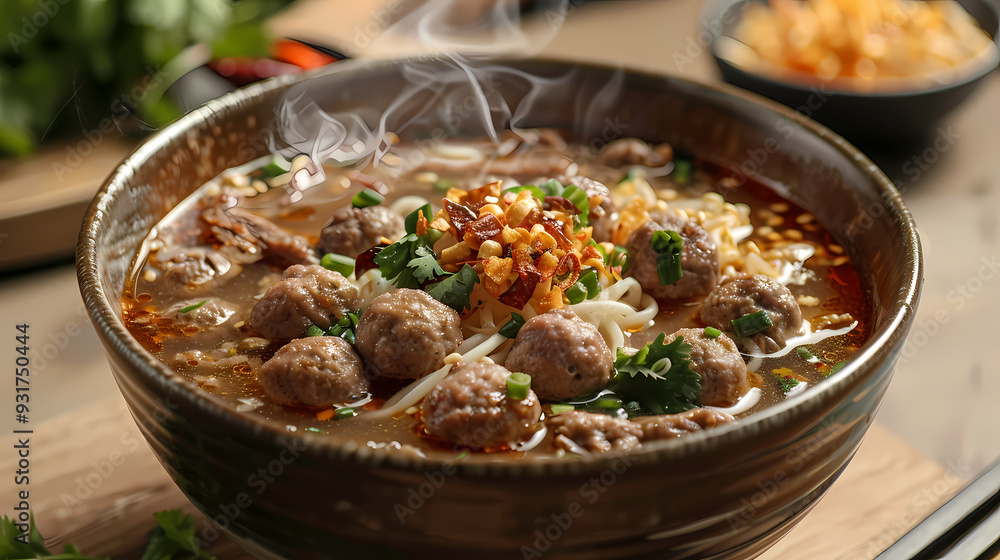 A steaming bowl of boat noodles with rich, flavorful broth, tender beef slices, meatballs, fresh bean sprouts, and fragrant herbs, topped with crispy pork cracklings and a dash of chili flakes A steaming bowl of boat noodles with rich, flavorful broth, tender beef slices, meatballs, fresh bean sprouts, and fragrant herbs, topped with crispy pork cracklings and a dash of chili flakes