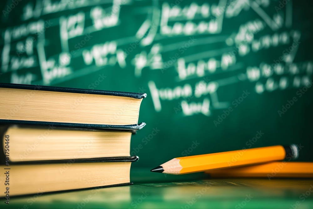 A chalkboard that features a pencil holder along with several books neatly arranged in front of it for educational purposes A chalkboard that features a pencil holder along with several books neatly arranged in front of it for educational purposes