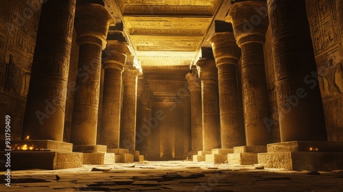 The Hypostyle Hall of Dendera Temple, with its massive, ornate columns stretching into the dimly lit interior. photo