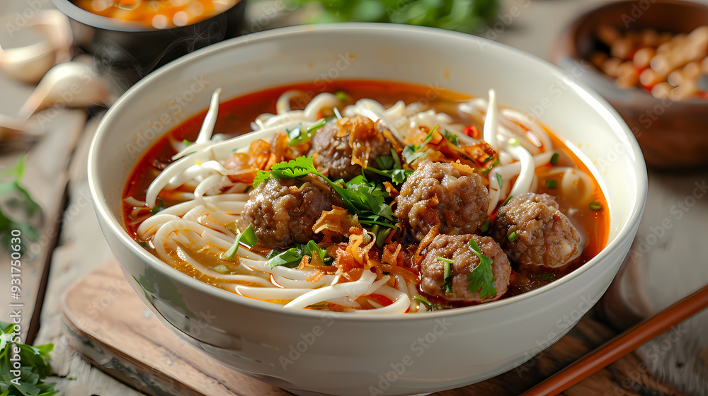 A steaming bowl of boat noodles with rich, flavorful broth, tender beef slices, meatballs, fresh bean sprouts, and fragrant herbs, topped with crispy pork cracklings and a dash of chili flakes A steaming bowl of boat noodles with rich, flavorful broth, tender beef slices, meatballs, fresh bean sprouts, and fragrant herbs, topped with crispy pork cracklings and a dash of chili flakes