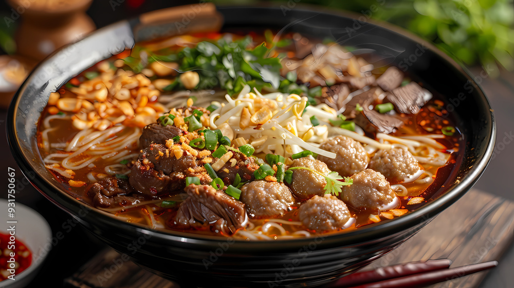 A steaming bowl of boat noodles with rich, flavorful broth, tender beef slices, meatballs, fresh bean sprouts, and fragrant herbs, topped with crispy pork cracklings and a dash of chili flakes A steaming bowl of boat noodles with rich, flavorful broth, tender beef slices, meatballs, fresh bean sprouts, and fragrant herbs, topped with crispy pork cracklings and a dash of chili flakes