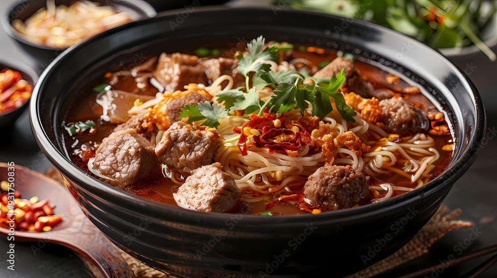 A steaming bowl of boat noodles with rich, flavorful broth, tender beef slices, meatballs, fresh bean sprouts, and fragrant herbs, topped with crispy pork cracklings and a dash of chili flakes A steaming bowl of boat noodles with rich, flavorful broth, tender beef slices, meatballs, fresh bean sprouts, and fragrant herbs, topped with crispy pork cracklings and a dash of chili flakes