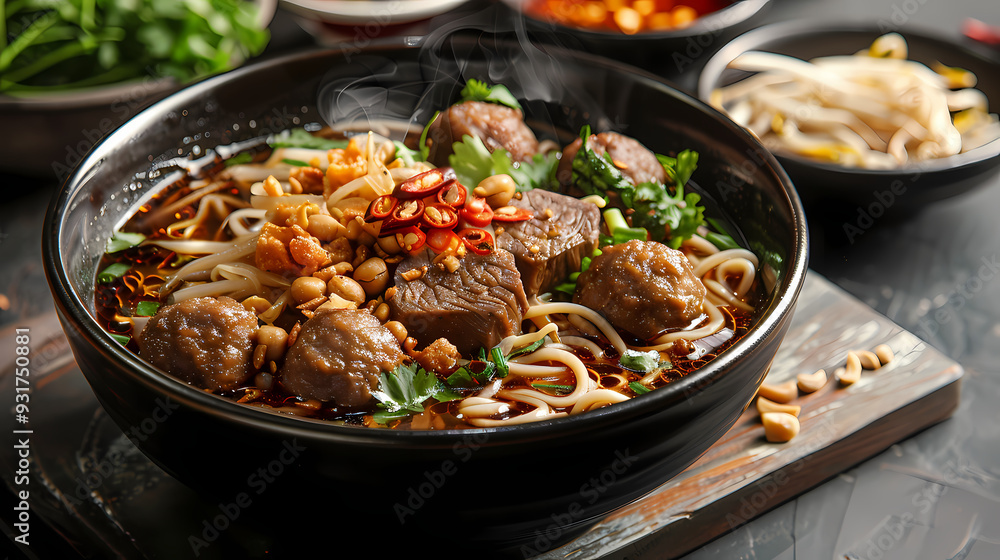 A steaming bowl of boat noodles with rich, flavorful broth, tender beef slices, meatballs, fresh bean sprouts, and fragrant herbs, topped with crispy pork cracklings and a dash of chili flakes