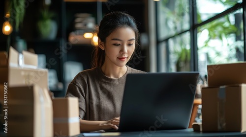 Asian Woman Entrepreneur Managing Customer Orders and Shipping at Home Office