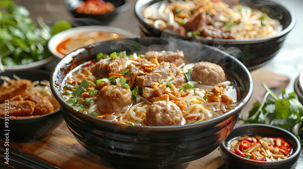 A steaming bowl of boat noodles with rich, flavorful broth, tender beef slices, meatballs, fresh bean sprouts, and fragrant herbs, topped with crispy pork cracklings and a dash of chili flakes A steaming bowl of boat noodles with rich, flavorful broth, tender beef slices, meatballs, fresh bean sprouts, and fragrant herbs, topped with crispy pork cracklings and a dash of chili flakes