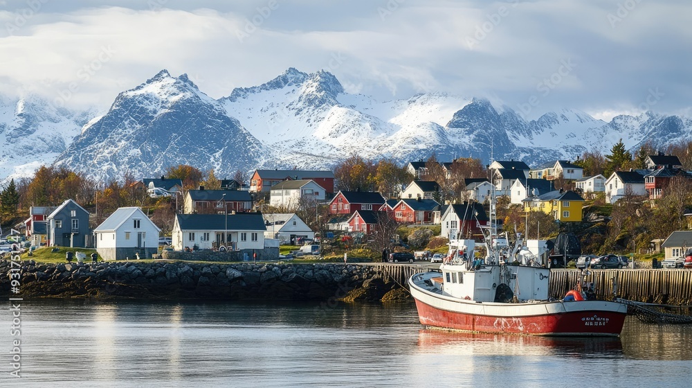 Fototapeta premium The picturesque fishing village of Henningsv nestled on the rocky shores of the Lofoten Islands, with snow-capped mountains in the background.