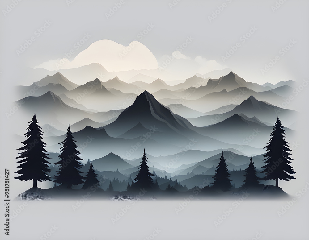 Fototapeta premium Misty forest multiple mountains background