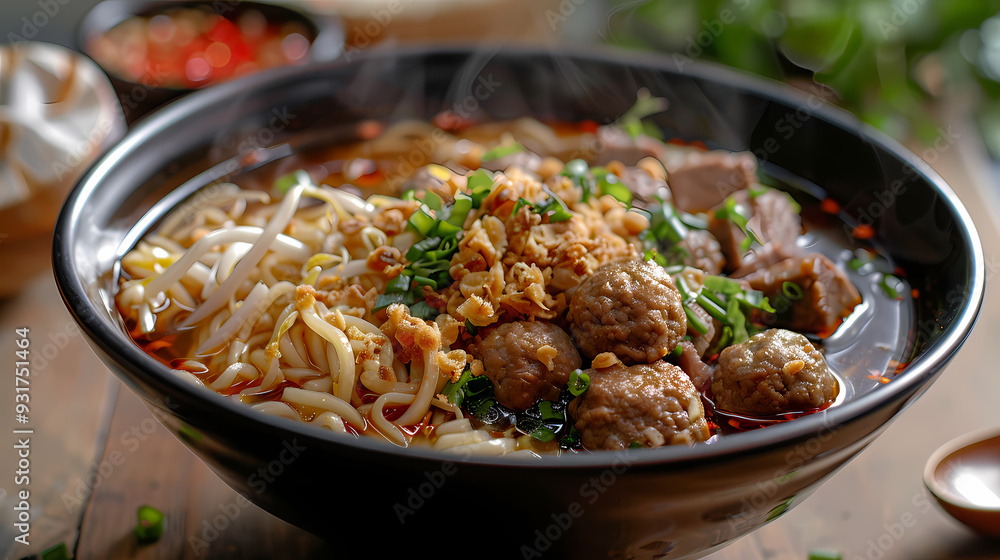 A steaming bowl of boat noodles with rich, flavorful broth, tender beef slices, meatballs, fresh bean sprouts, and fragrant herbs, topped with crispy pork cracklings and a dash of chili flakes A steaming bowl of boat noodles with rich, flavorful broth, tender beef slices, meatballs, fresh bean sprouts, and fragrant herbs, topped with crispy pork cracklings and a dash of chili flakes