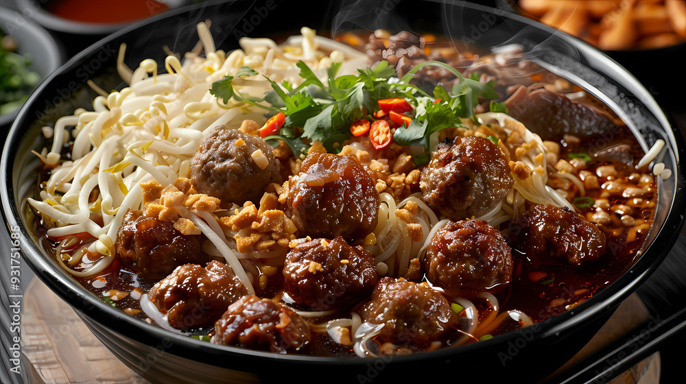 A steaming bowl of boat noodles with rich, flavorful broth, tender beef slices, meatballs, fresh bean sprouts, and fragrant herbs, topped with crispy pork cracklings and a dash of chili flakes A steaming bowl of boat noodles with rich, flavorful broth, tender beef slices, meatballs, fresh bean sprouts, and fragrant herbs, topped with crispy pork cracklings and a dash of chili flakes