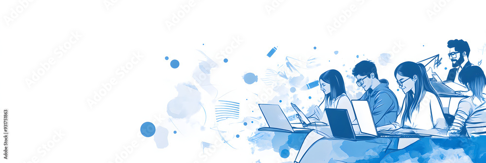 Abstract Blue Illustration of Students Working on Laptops in a Collaborative Learning Environment