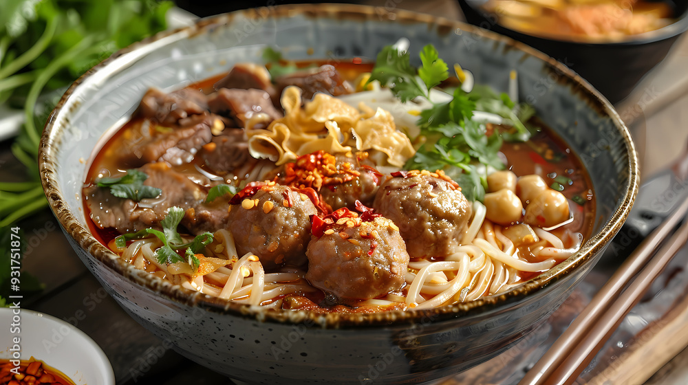 A steaming bowl of boat noodles with rich, flavorful broth, tender beef slices, meatballs, fresh bean sprouts, and fragrant herbs, topped with crispy pork cracklings and a dash of chili flakes A steaming bowl of boat noodles with rich, flavorful broth, tender beef slices, meatballs, fresh bean sprouts, and fragrant herbs, topped with crispy pork cracklings and a dash of chili flakes