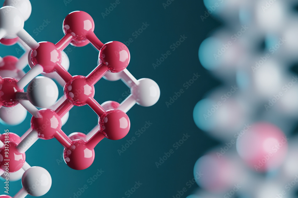 Molecular Structure Model, showcasing a vibrant arrangement of atoms with pink and white spheres representing different elements in a three-dimensional lattice formation. Molecular Structure Model, showcasing a vibrant arrangement of atoms with pink and white spheres representing different elements in a three-dimensional lattice formation.