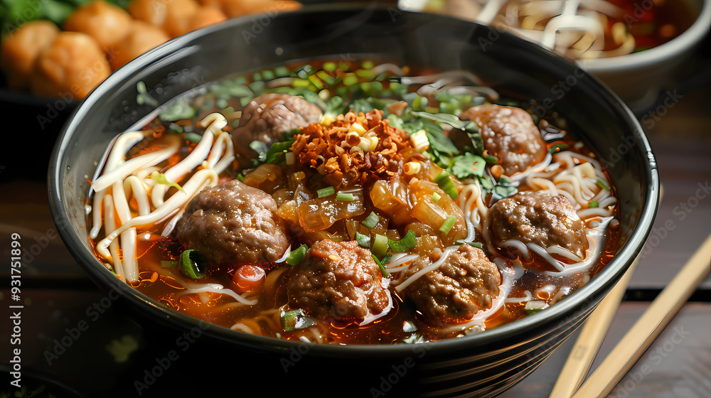 A steaming bowl of boat noodles with rich, flavorful broth, tender beef slices, meatballs, fresh bean sprouts, and fragrant herbs, topped with crispy pork cracklings and a dash of chili flakes A steaming bowl of boat noodles with rich, flavorful broth, tender beef slices, meatballs, fresh bean sprouts, and fragrant herbs, topped with crispy pork cracklings and a dash of chili flakes