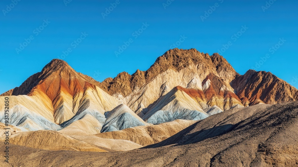 Naklejka premium The striking contrast of Zhangye's colorful mountains against a deep blue sky, with shadows emphasizing the ridges.