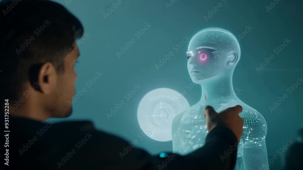 A man engages with a holographic figure, utilizing a digital tablet in a dimly lit space A man engages with a holographic figure, utilizing a digital tablet in a dimly lit space