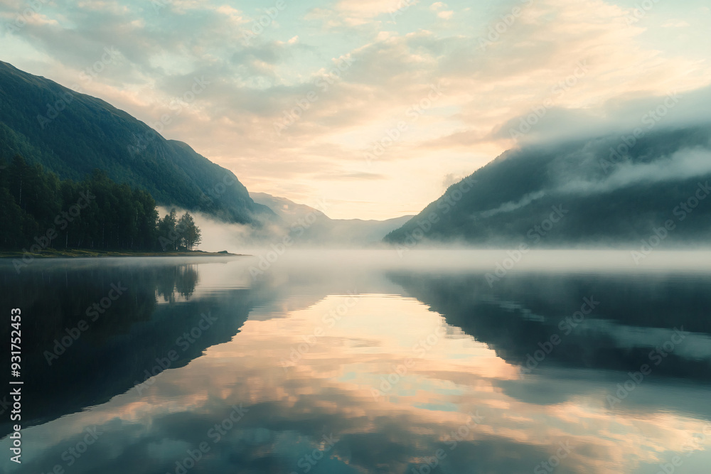 Fototapeta premium Misty Mountain Lake at Sunrise