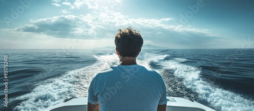 Man gazing at the ocean from a boat The back view of a man at the boat s edge observing the seascape. with copy space image. Place for adding text or design photo