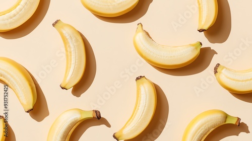 Bananas and banana slices on a yellow background. photo