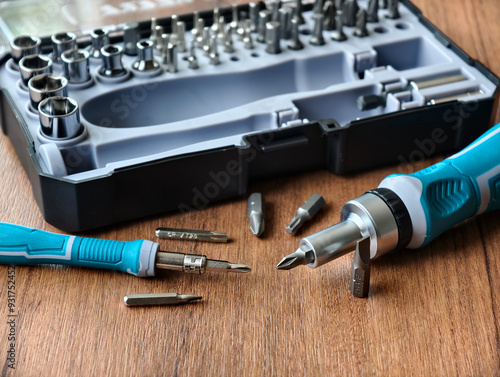 Professional metal screwdriver bit set. Various size and head metal bits for screwdriver boxes for home use photo