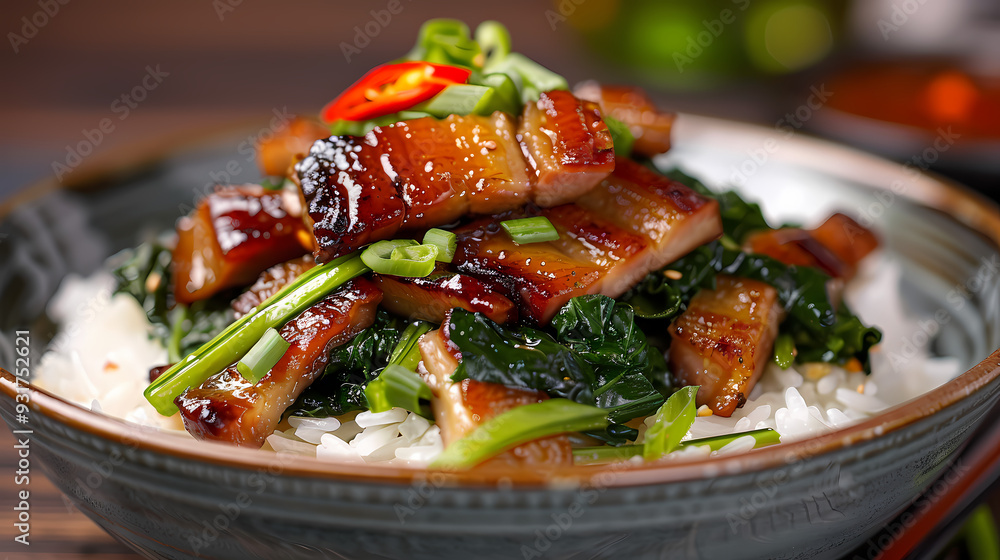 A dish of crispy pork belly stir-fried with fresh Chinese kale , served over steamed rice and accompanied by a savory sauce A dish of crispy pork belly stir-fried with fresh Chinese kale , served over steamed rice and accompanied by a savory sauce