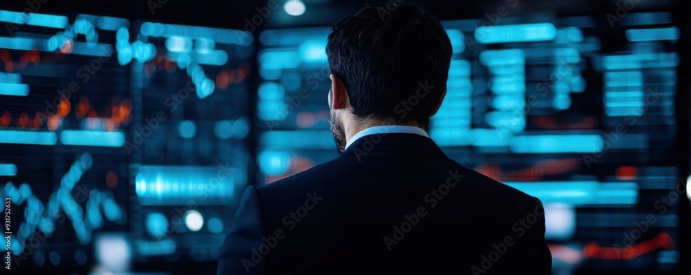 A professional observing digital data analytics on multiple screens in a modern office environment. A professional observing digital data analytics on multiple screens in a modern office environment.