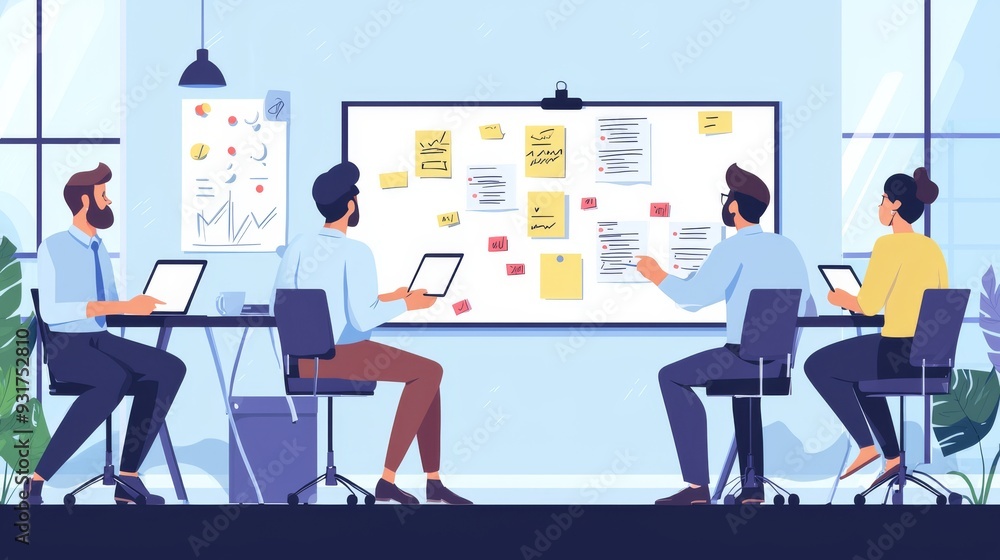 Fototapeta premium Team Collaborating in Office with Whiteboard and Tablet for Project Planning