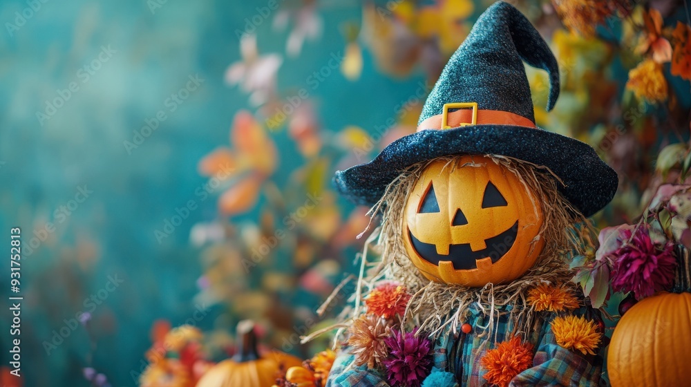 Naklejka premium Cheerful Scarecrow in Witch's Hat Amidst Halloween Decorations, vibrant autumn colors, playful atmosphere, festive spirit, capturing the essence of seasonal celebration