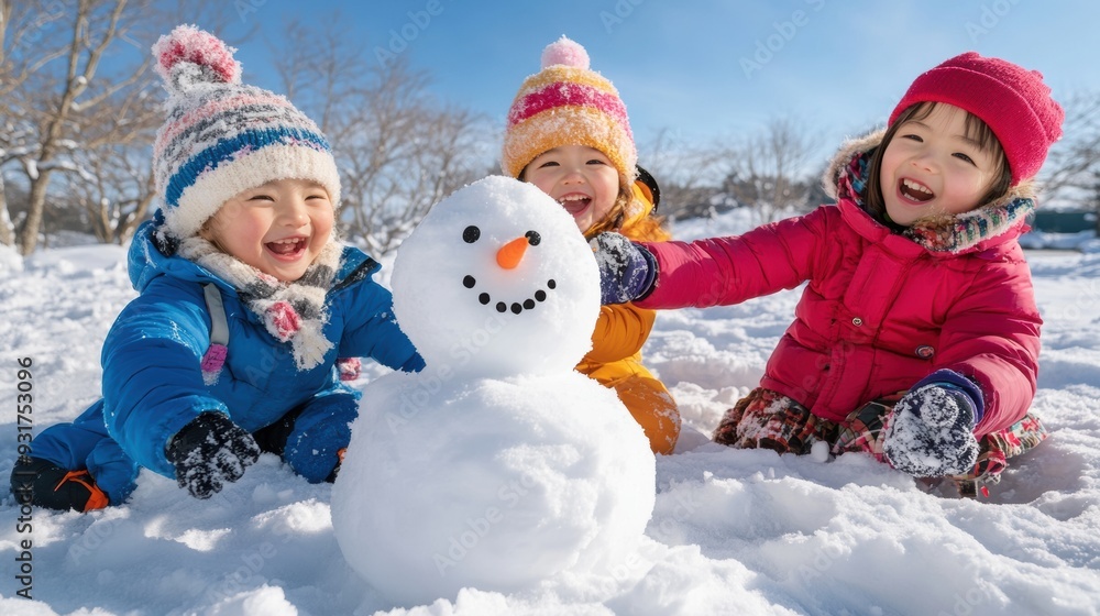 Three children are playing in the snow with a small toy, AI Three children are playing in the snow with a small toy, AI