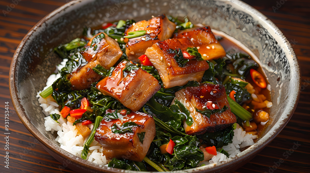 A dish of crispy pork belly stir-fried with fresh Chinese kale , served over steamed rice and accompanied by a savory sauce A dish of crispy pork belly stir-fried with fresh Chinese kale , served over steamed rice and accompanied by a savory sauce