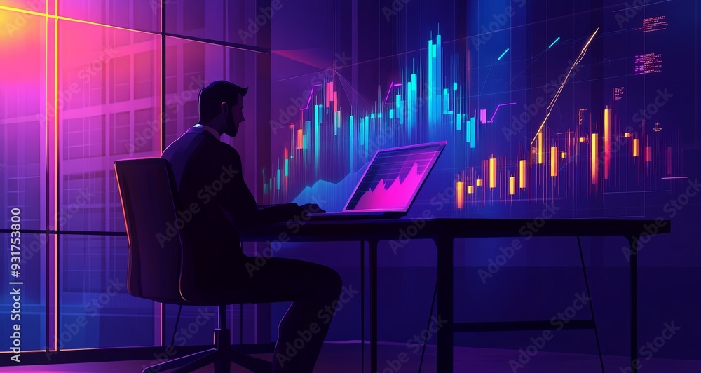 Design an office scene featuring a businessman at a desk with a laptop, and a prominent background graph with falling arrows indicating a market crisis. Include plenty of copy space for added text or Design an office scene featuring a businessman at a desk with a laptop, and a prominent background graph with falling arrows indicating a market crisis. Include plenty of copy space for added text or
