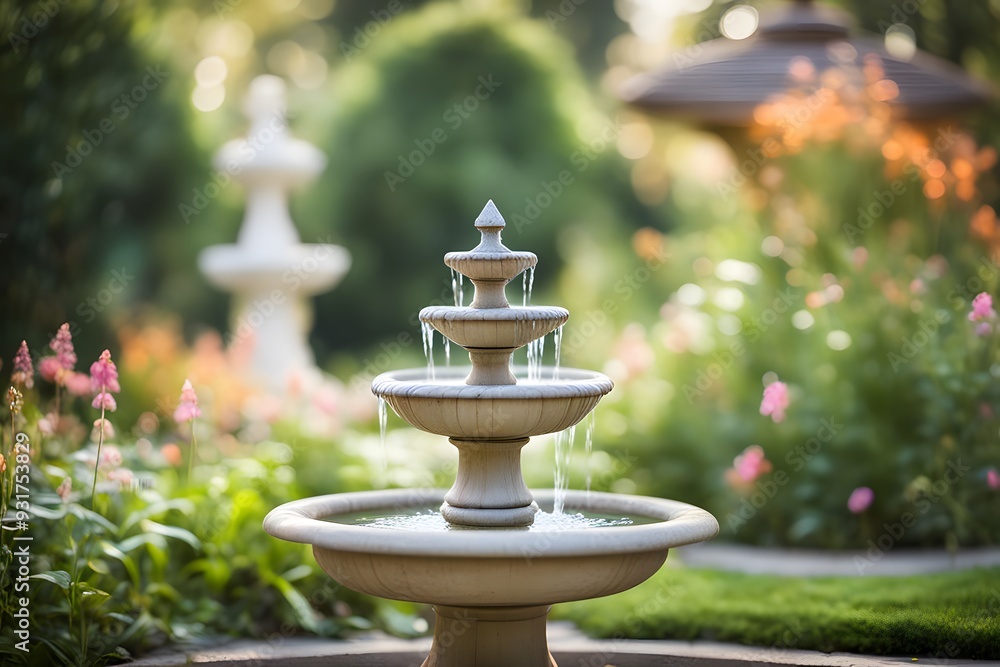 A soft focus bokeh of a peaceful garden with a small fountain, Ai Generated A soft focus bokeh of a peaceful garden with a small fountain, Ai Generated