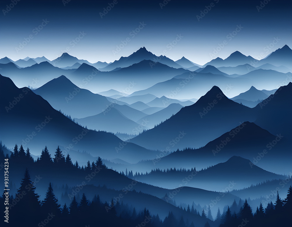 Blue Misty forest multiple mountains background Blue Misty forest multiple mountains background