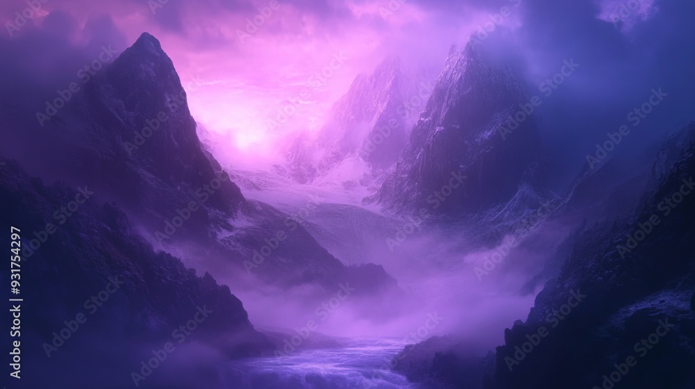 Majestic mountains shrouded in purple mist creating a mystical landscape. Concept of nature, tranquility, and mystery
