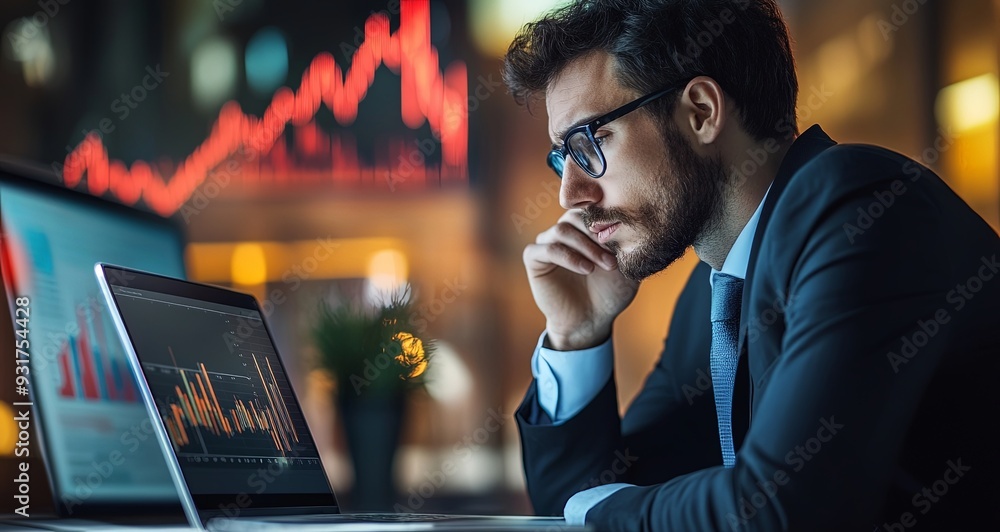 businessman analyzing the cause of the decrease ... Design an image of a businessman focused on his laptop, with a ...