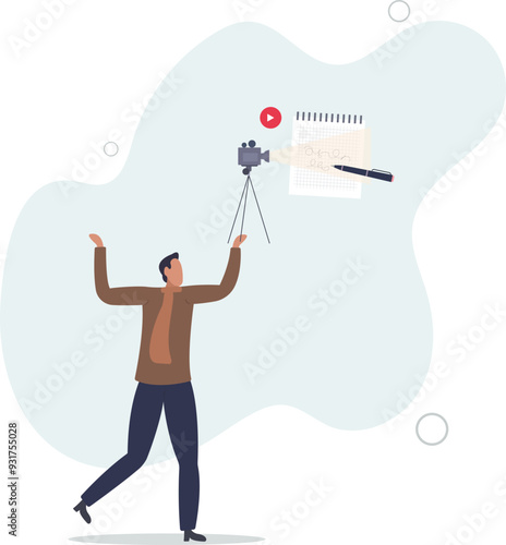 Video script and screenplay text writing work for movie.Shooting scene paper instructions and scenario document for television.flat design with people.