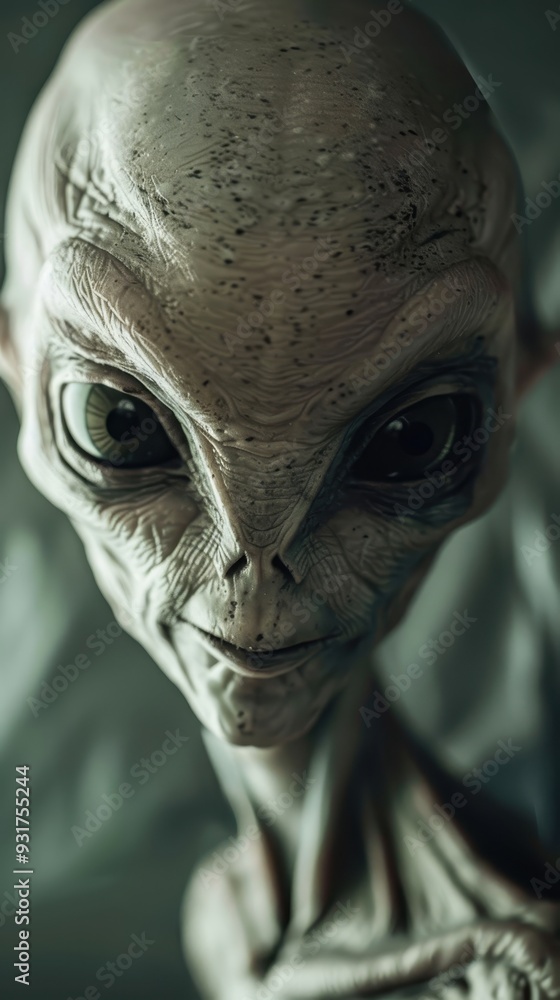 This extraterrestrial figure displays distinct features and an enigmatic expression in a surreal environment This extraterrestrial figure displays distinct features and an enigmatic expression in a surreal environment
