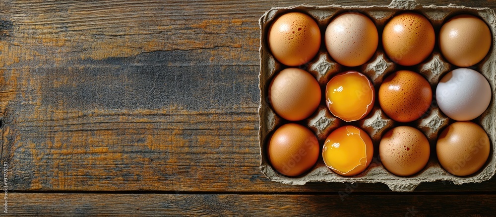 Raw chicken egg yolks and duck egg yolks in a recycled paper box with copyspace on an old wooden background used as a concept for food cooking ingredients showcasing different colors Raw chicken egg yolks and duck egg yolks in a recycled paper box with copyspace on an old wooden background used as a concept for food cooking ingredients showcasing different colors