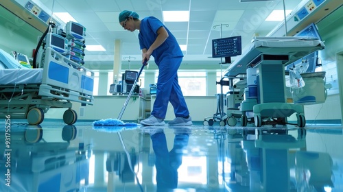 Hospital Janitor Cleaning Floor in Sterile Medical Environment

