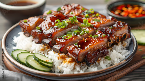 A plate of crispy pork belly served with fluffy steamed rice , garnished with cucumber slices and a side of spicy dipping sauce