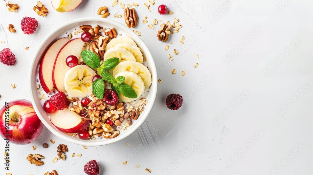 Healthy home made breakfast of muesli, apples, fresh fruits and walnuts. copy space Healthy home made breakfast of muesli, apples, fresh fruits and walnuts. copy space