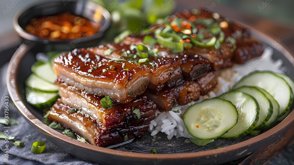 A plate of crispy pork belly served with fluffy steamed rice , garnished with cucumber slices and a side of spicy dipping sauce A plate of crispy pork belly served with fluffy steamed rice , garnished with cucumber slices and a side of spicy dipping sauce