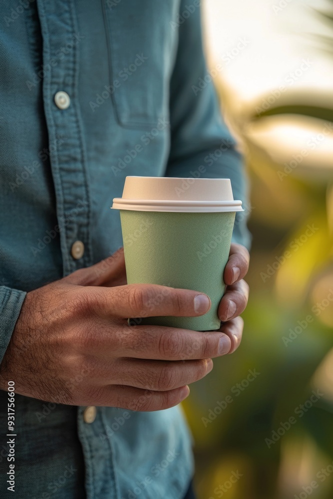 Close-up of Man with Green Coffee Cup Outdoors Close-up of Man with Green Coffee Cup Outdoors