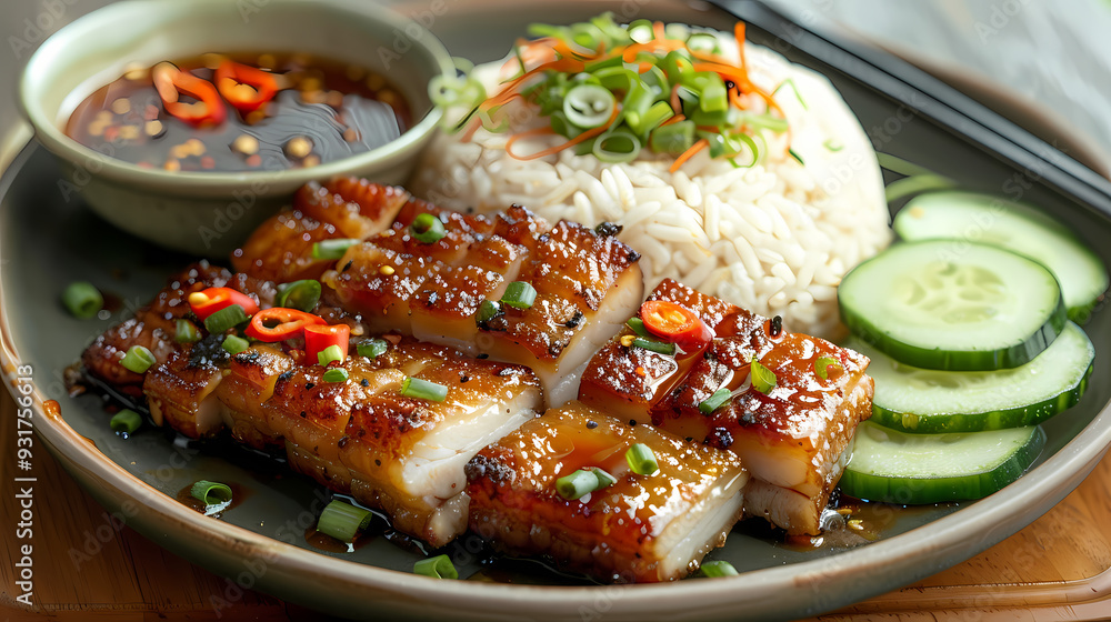 A plate of crispy pork belly served with fluffy steamed rice , garnished with cucumber slices and a side of spicy dipping sauce A plate of crispy pork belly served with fluffy steamed rice , garnished with cucumber slices and a side of spicy dipping sauce
