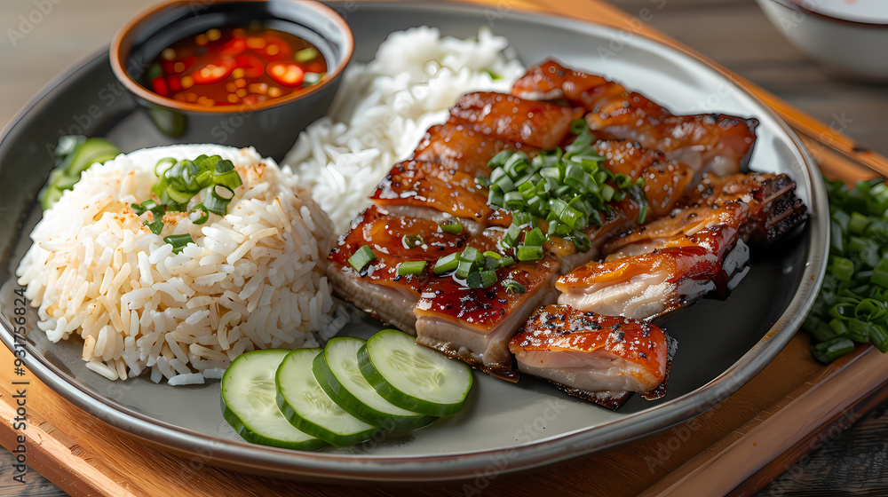 A plate of crispy pork belly served with fluffy steamed rice , garnished with cucumber slices and a side of spicy dipping sauce A plate of crispy pork belly served with fluffy steamed rice , garnished with cucumber slices and a side of spicy dipping sauce