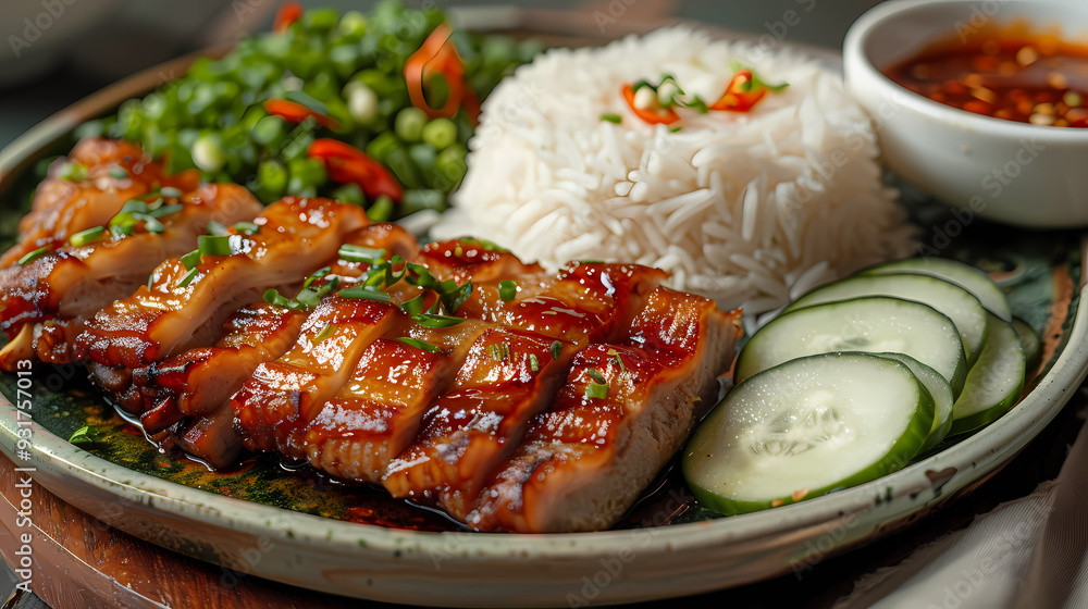 A plate of crispy pork belly served with fluffy steamed rice , garnished with cucumber slices and a side of spicy dipping sauce A plate of crispy pork belly served with fluffy steamed rice , garnished with cucumber slices and a side of spicy dipping sauce